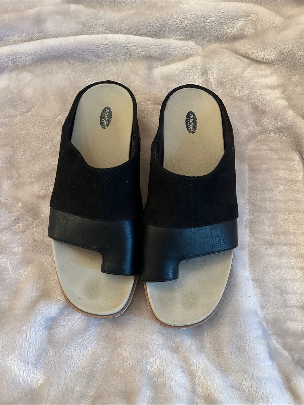 Dr. Scholl's Black Slip-On Wedge Sandals with Cream Footbed